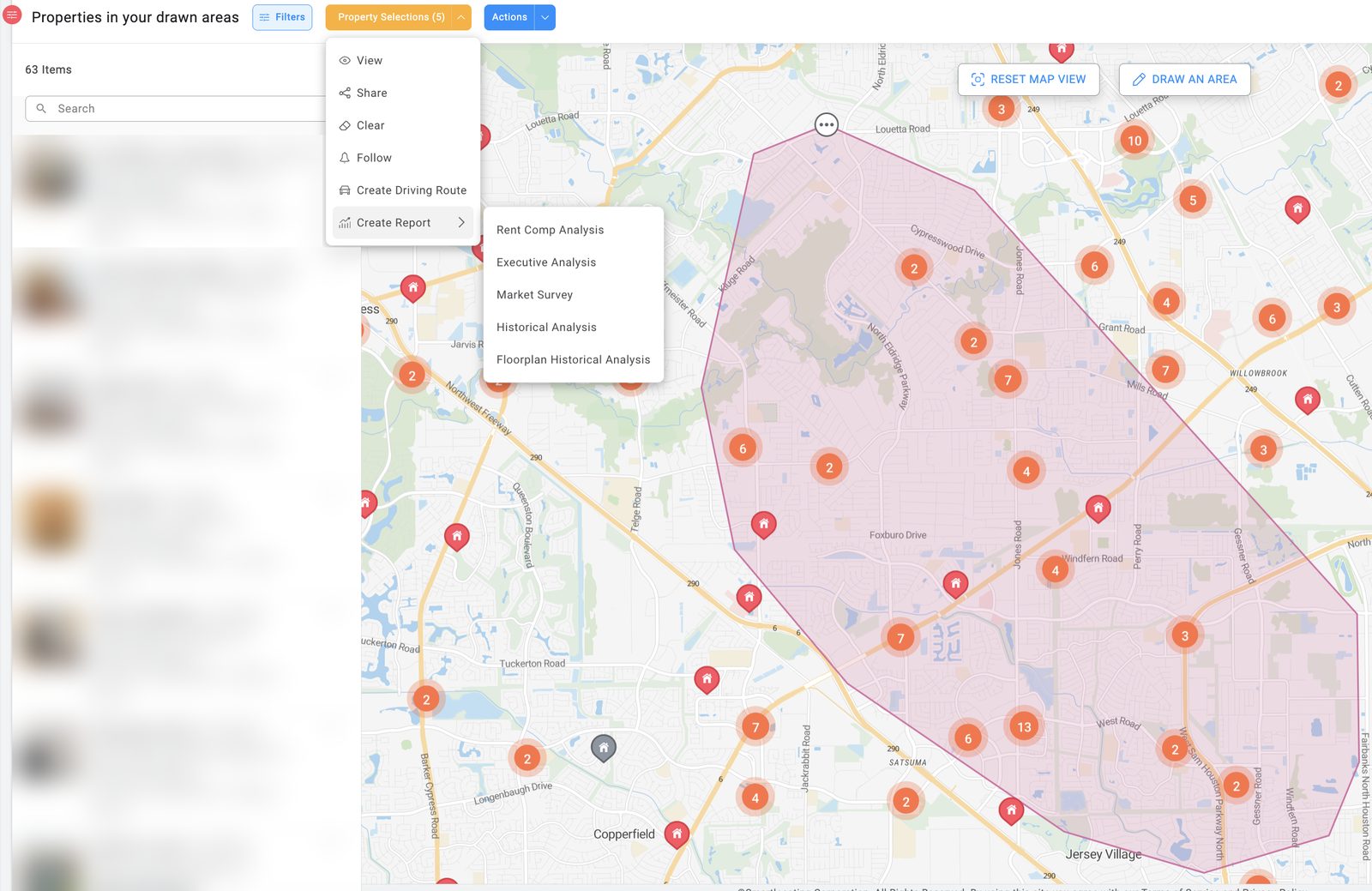 Smart Apartment Data map with a freehand area drawn around a set of Houston submarkets, and the menu for the selected properties open at Create Report, listing its report types. Property details are blurred.