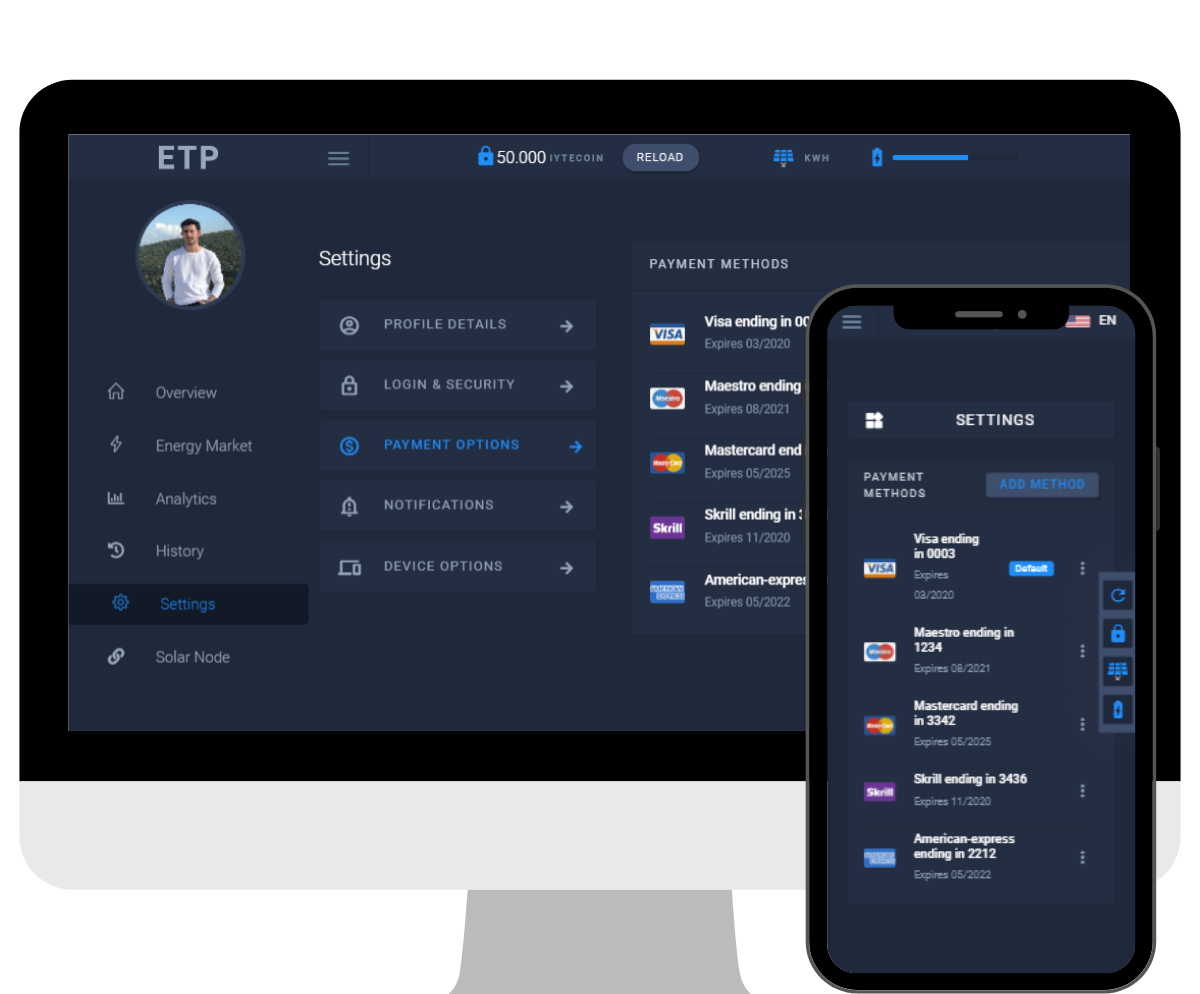 ETP settings and payment methods on desktop and mobile